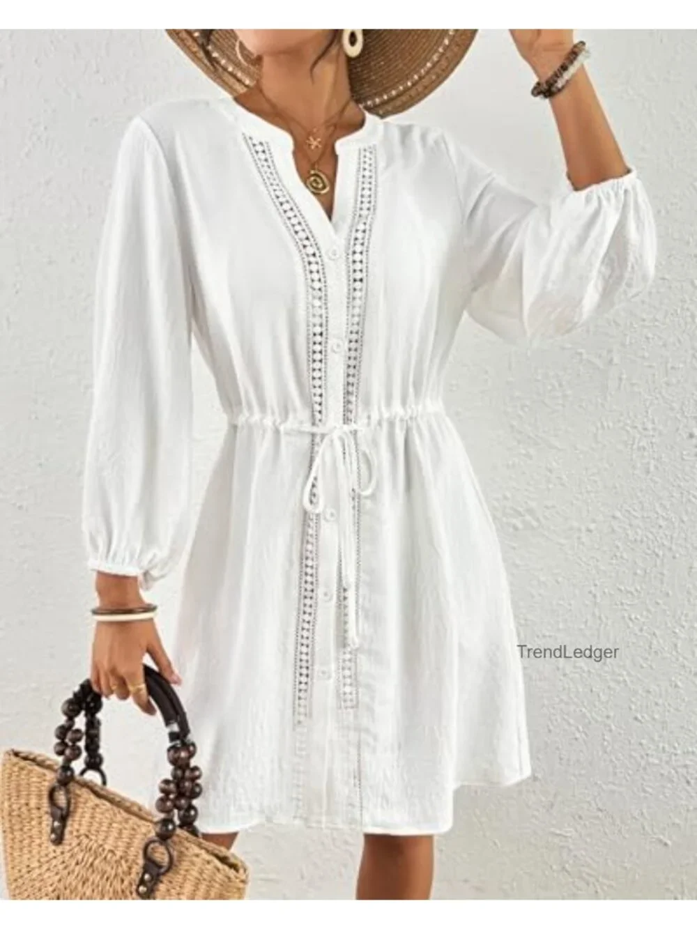 V Neck Eyelet Trim 3/4 Lantern Sleeve Button Down Swim Cover Up Dress